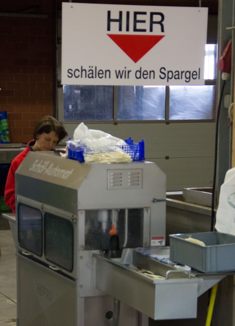 Spargelschälen direkt im Hofladen